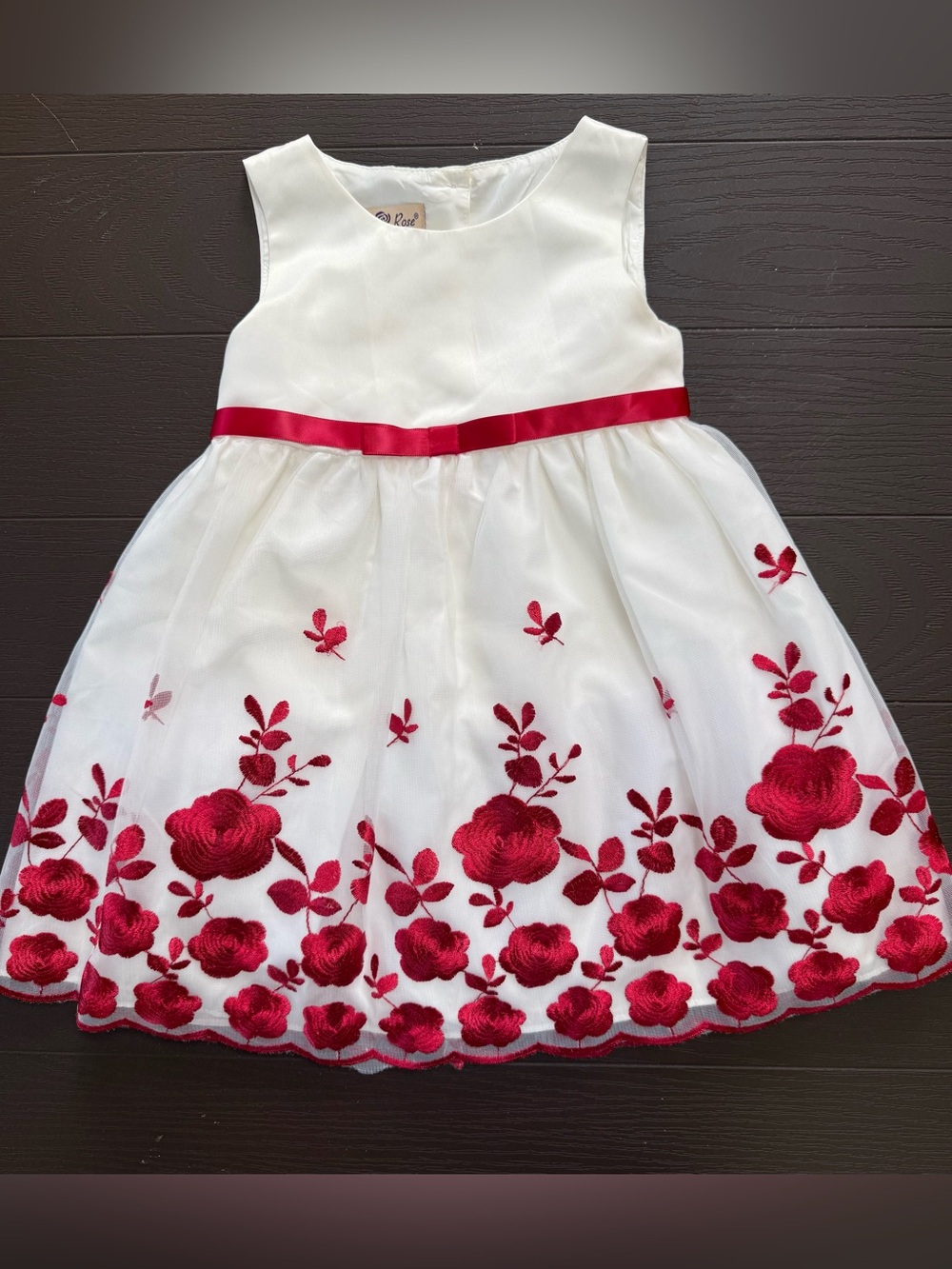 Girls’ White & Red Rose Embroidered Party Dress Size 4T